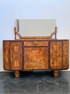Oval Sideboard with Mirror in Walnut, Burl and Ebony Macassar, Italy, 1930s