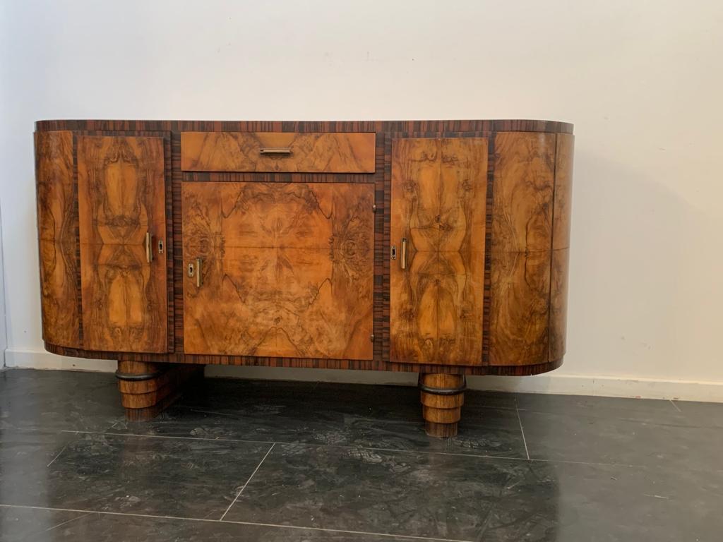 Italian Oval Sideboard with Mirror in Walnut, Burl and Ebony Macassar, Italy, 1930s For Sale