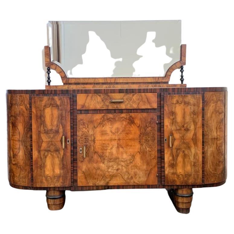 Oval Sideboard with Mirror in Walnut, Burl and Ebony Macassar, Italy, 1930s For Sale