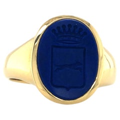 Oval Signal Ring 18k Yellow Gold Lapis Lazuli 14.5 x 11.0 mm with Engraving