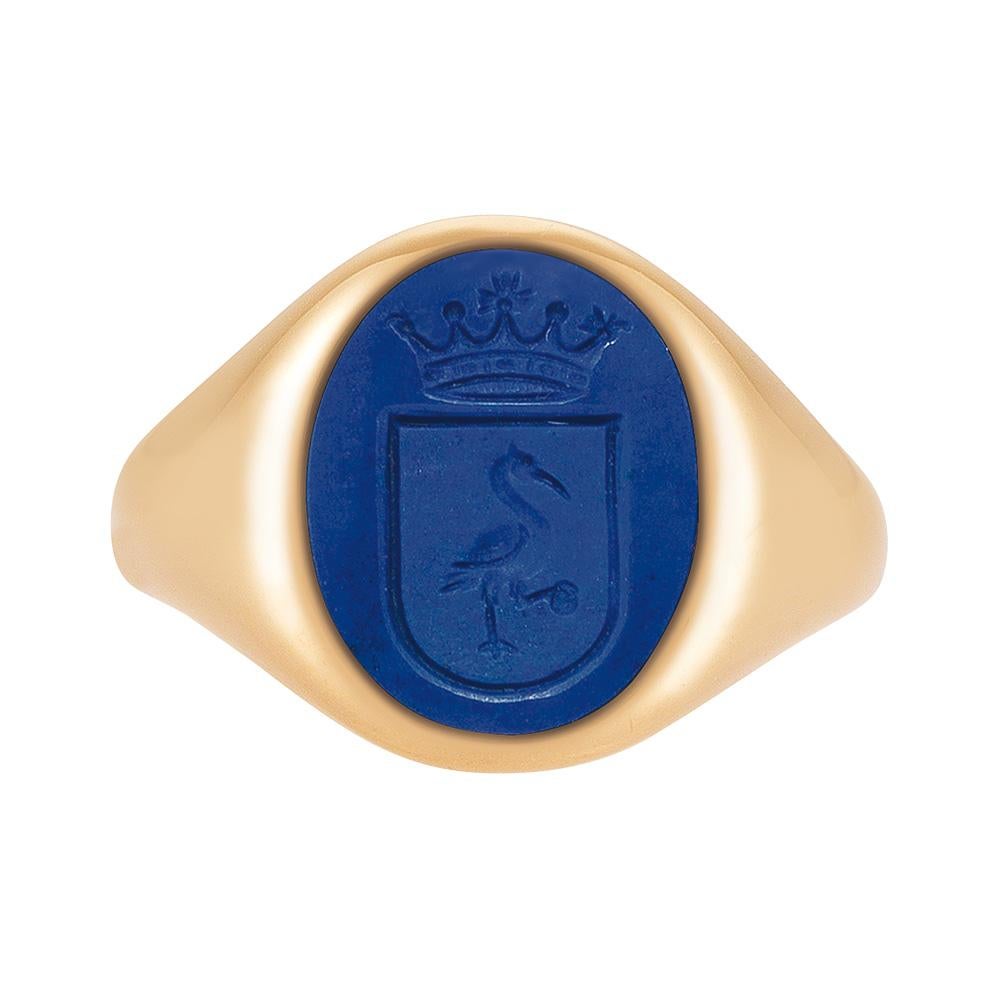 Contemporary Oval Signet Ring, 18K Rose Gold, Lapis Lazuli 13.5 x 10.5 mm with Engraving For Sale