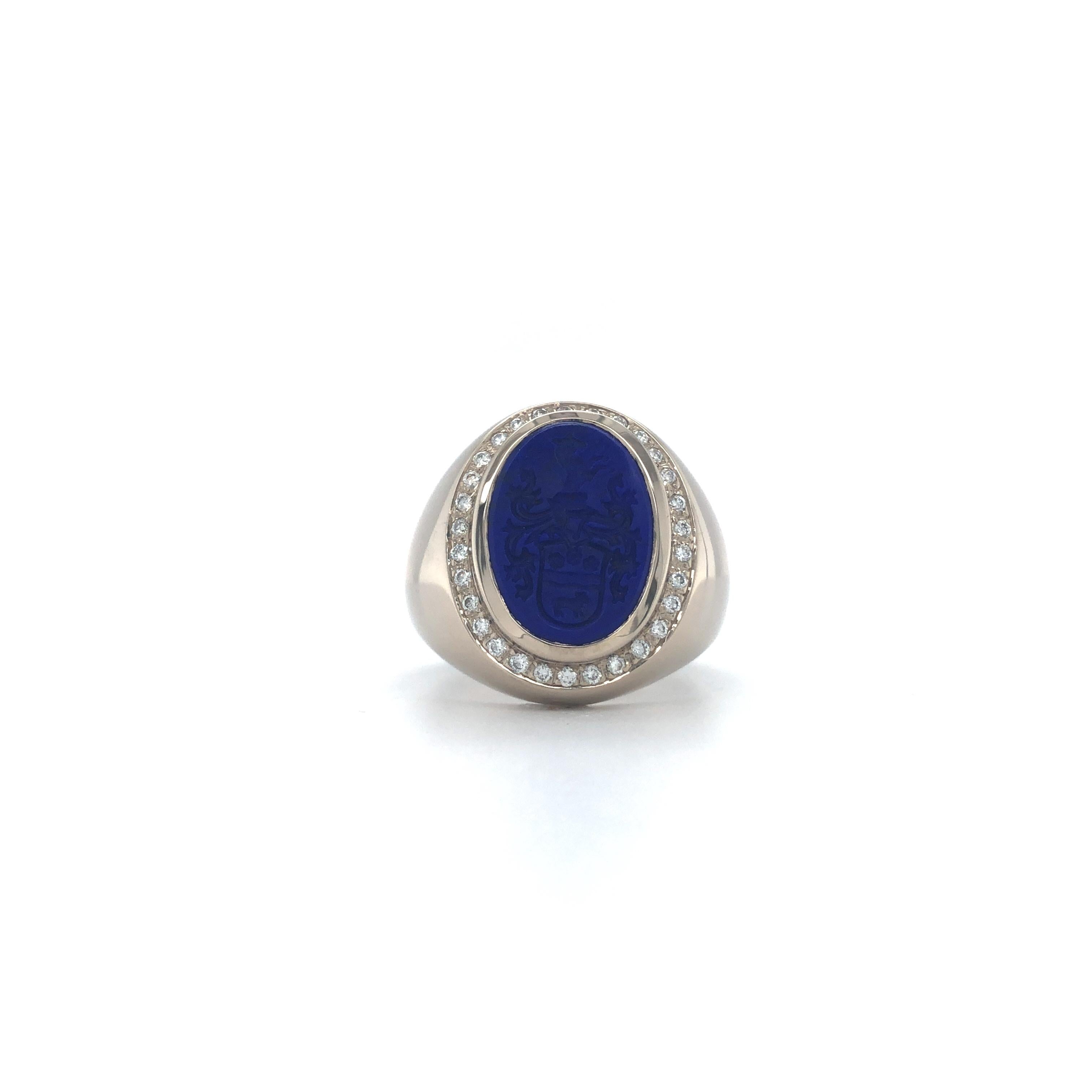Victor Mayer Oval Signet Ring, 18k White Gold, 30 Diamonds H VS, Lapis Lazuli with heraldic Engraving

About the creator Victor Mayer
Victor Mayer is internationally renowned for elegant timeless designs and unrivalled expertise in historic