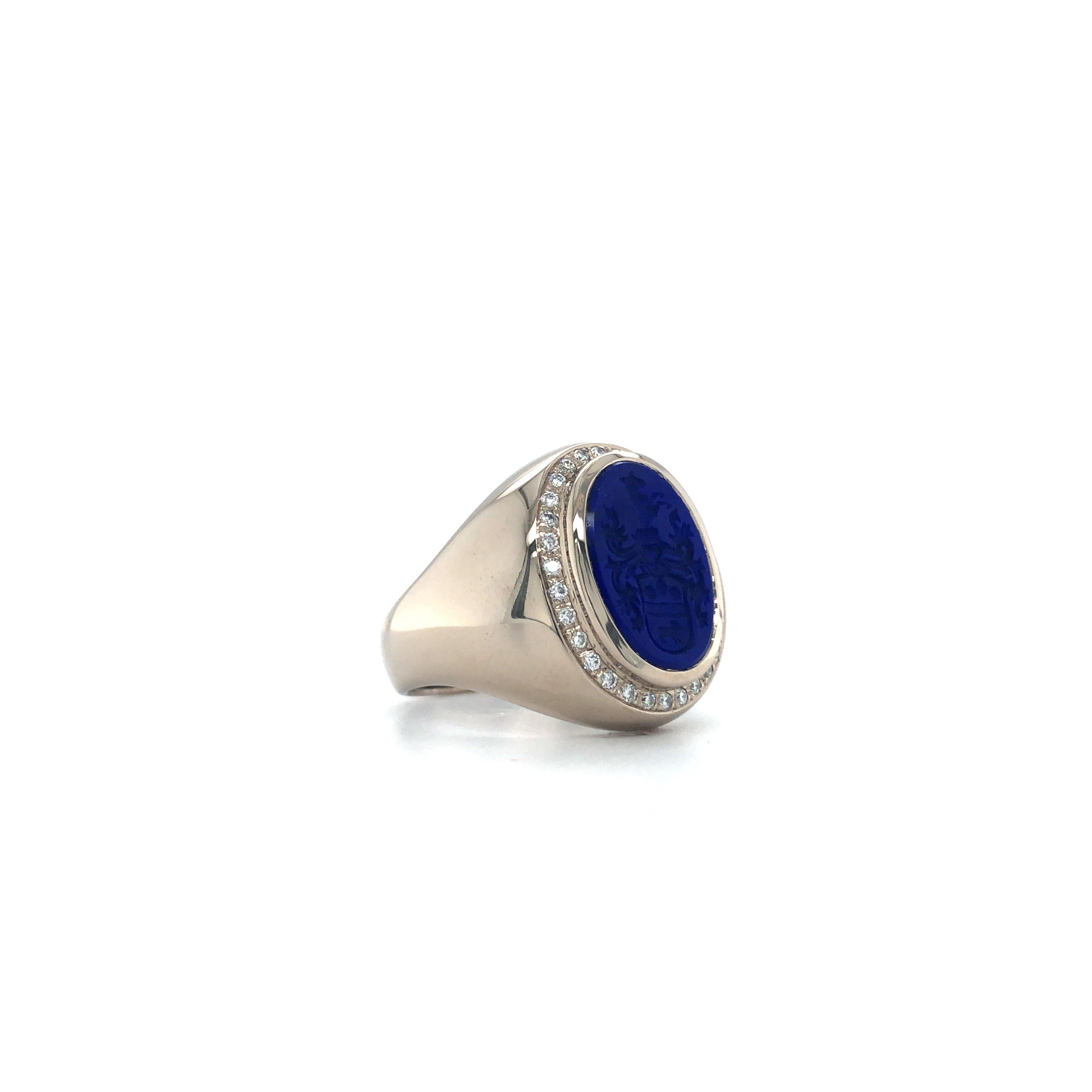 Oval Cut Oval Signet Ring, 18k White Gold, 30 Diamonds H VS, Lapis Lazuli with Engraving For Sale