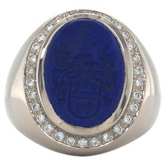 Oval Signet Ring, 18k White Gold, 30 Diamonds H VS, Lapis Lazuli with Engraving