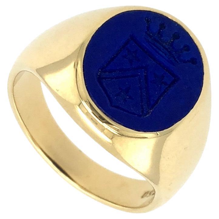 Oval Signet Ring, 18K Yellow Gold, Lapis Lazuli 12.3 x 11.2 mm with Engraving