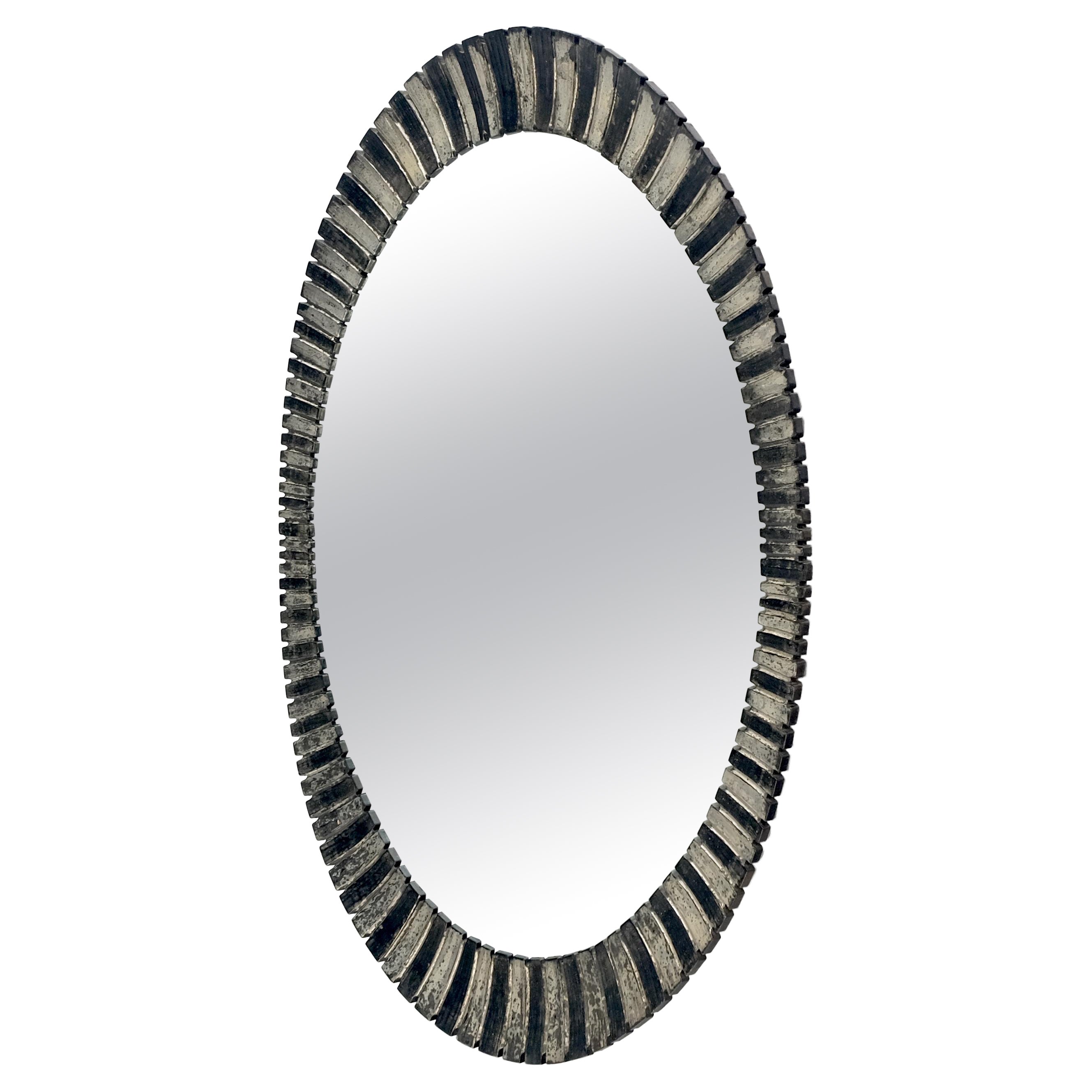 Oval Silver Gilt Composite Scallop Motif Wall Mirror Mid Century Modern For Sale