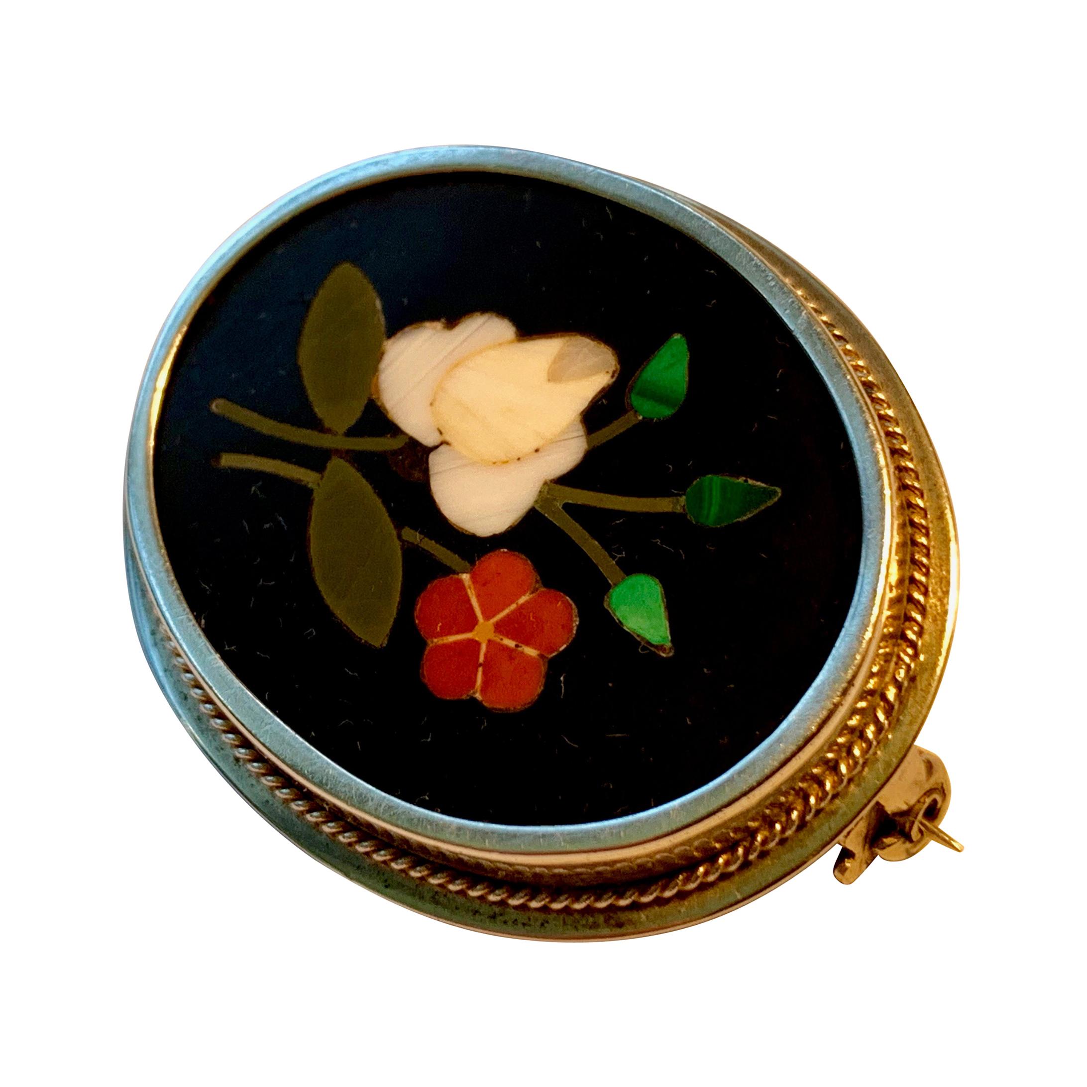  Silver Frame on a Pietra Dura Brooch with Semi-Precious Stones 