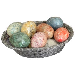 Oval Silver Plate Lattice Basket Filled with Thirteen Italian Marble Eggs