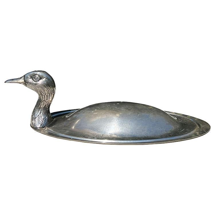 Regency Oval Silver Plate Mallard Duck Serving Tray by Teghini Firenze  For Sale