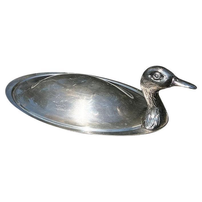 Plateau de service ovale en métal argenté avec canard de canard par Teghini Firenze 