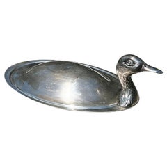 Oval Silver Plate Mallard Duck Serving Tray by Teghini Firenze 