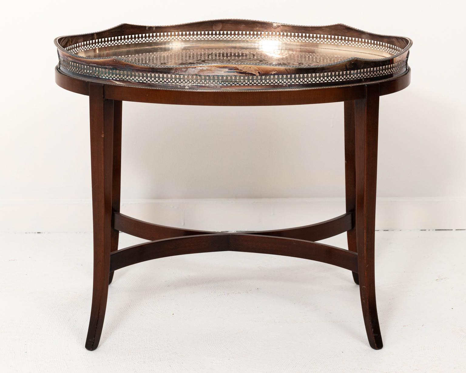 Oval Silver Plate Tray Table on Mahogany Base 4