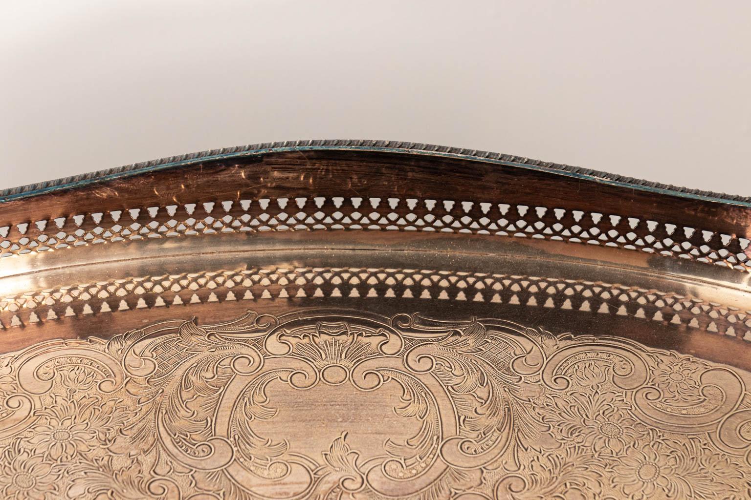 20th Century Oval Silver Plate Tray Table on Mahogany Base