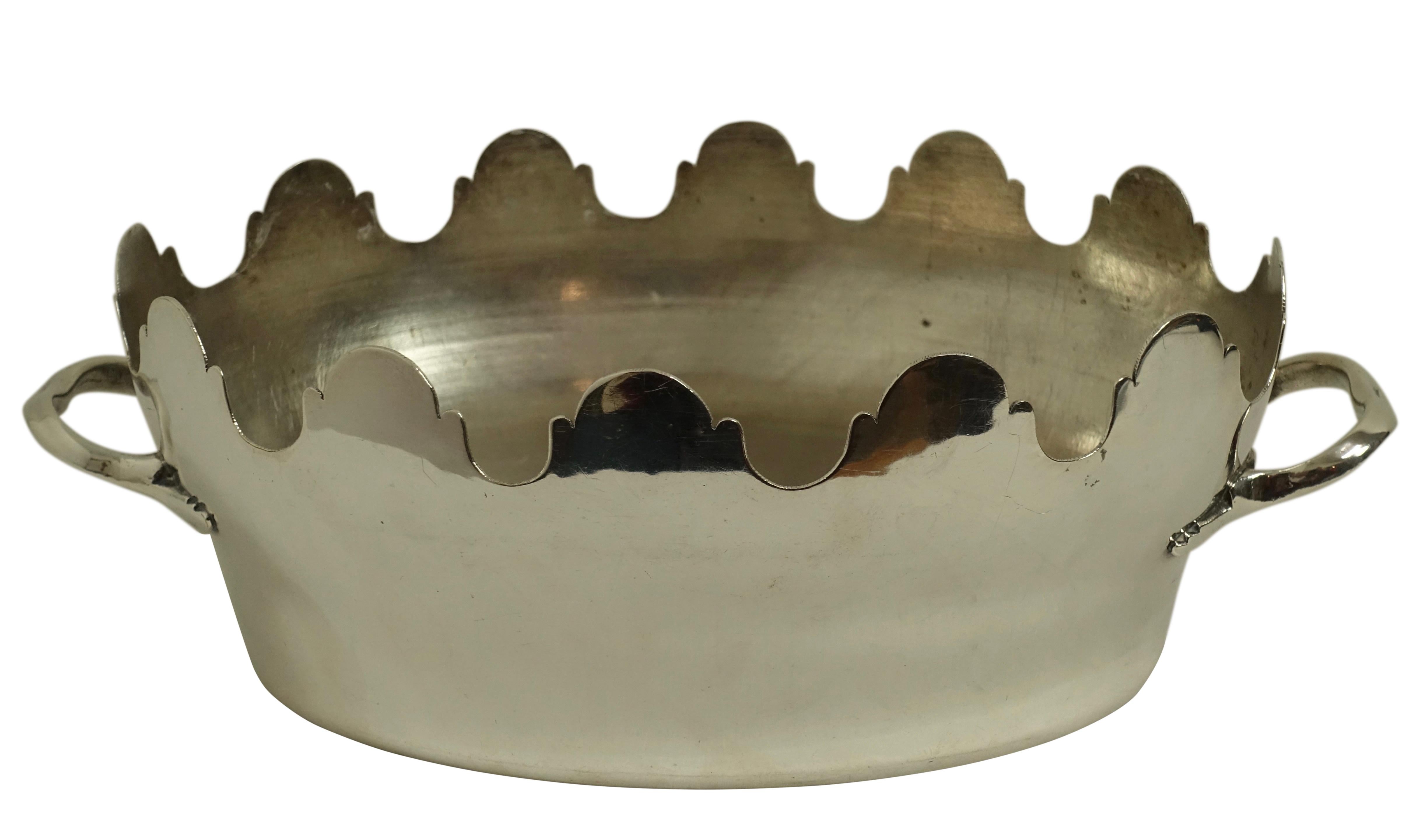 Oval silver plated Monteith bowl with loop leaf handles. Great as a jardinière or cachepot. Impressed mark on the underside, French, 19th century.