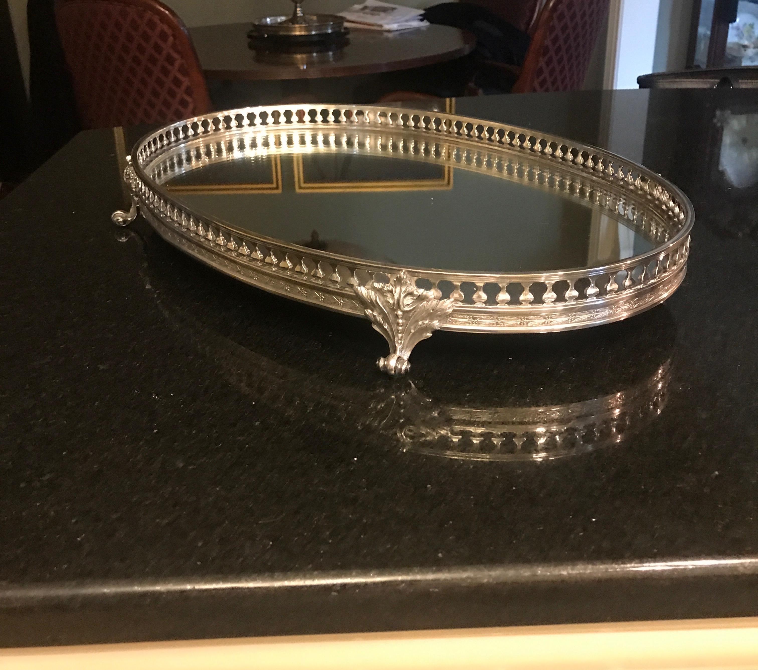 Oval Silvered Bronze Mirrored Plateau Tray In Good Condition In Lambertville, NJ