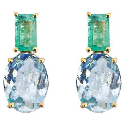 Boucles d'oreilles ovales en topaze et émeraudes rectangulaires / or jaune 18k en vente