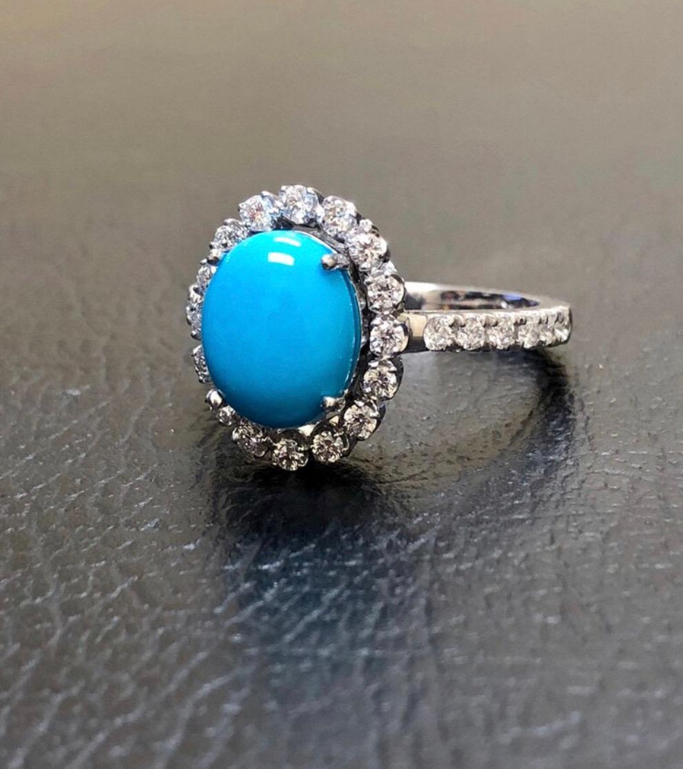 Art Deco Oval Sleeping Beauty Turquoise Platinum Halo Diamond Engagement Ring For Sale