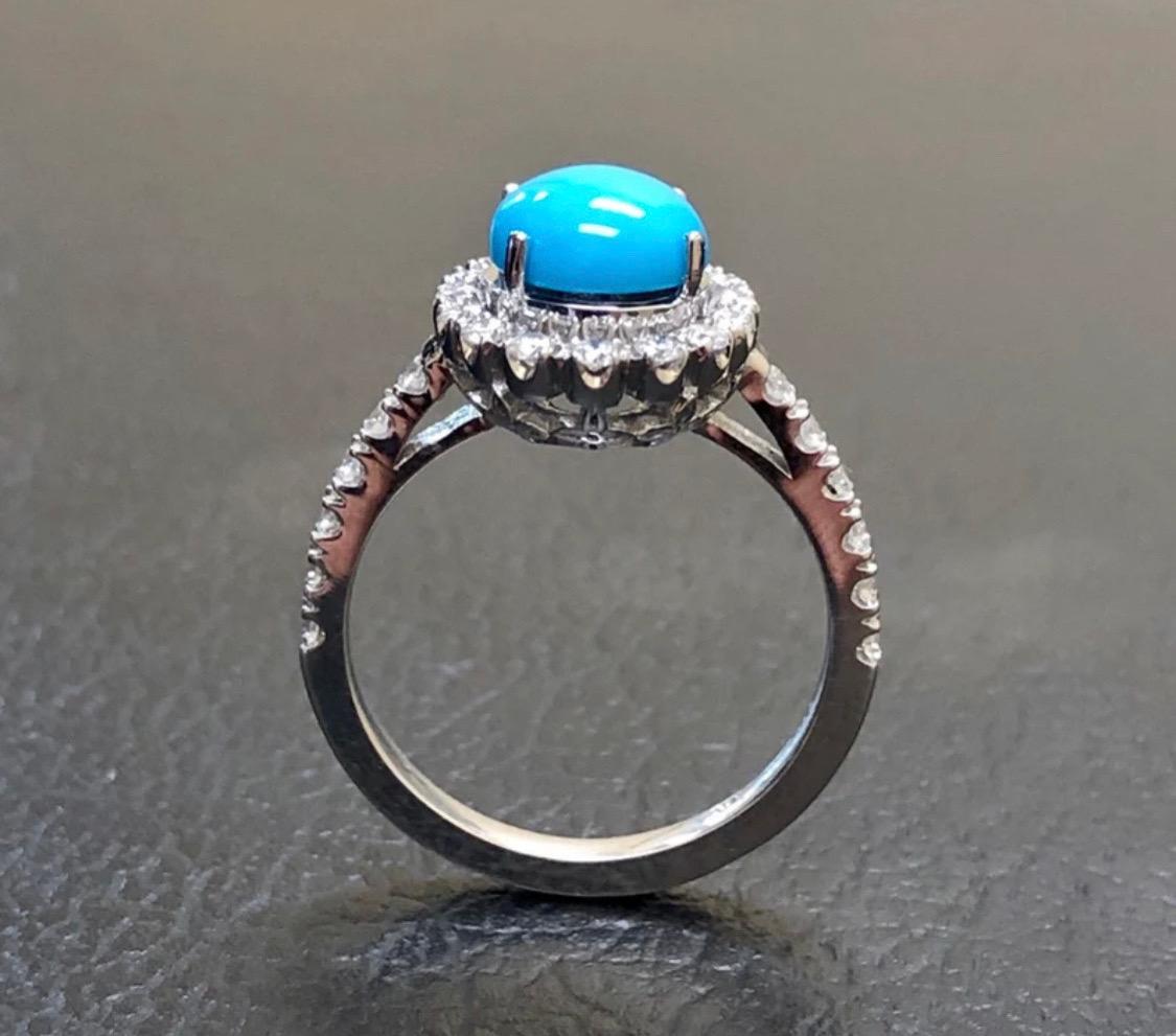 Oval Sleeping Beauty Turquoise Platinum Halo Diamond Engagement Ring In New Condition For Sale In Los Angeles, CA