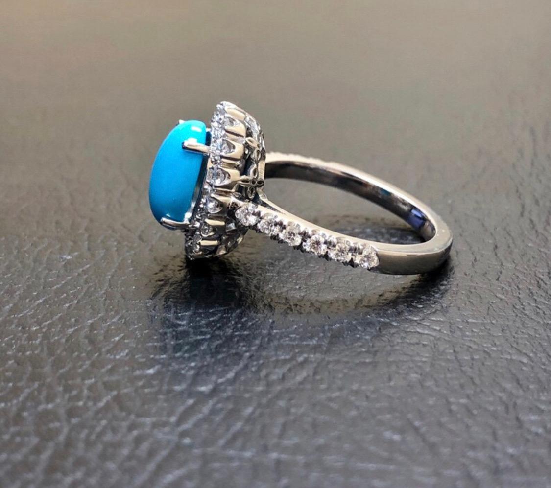 Women's or Men's Oval Sleeping Beauty Turquoise Platinum Halo Diamond Engagement Ring For Sale