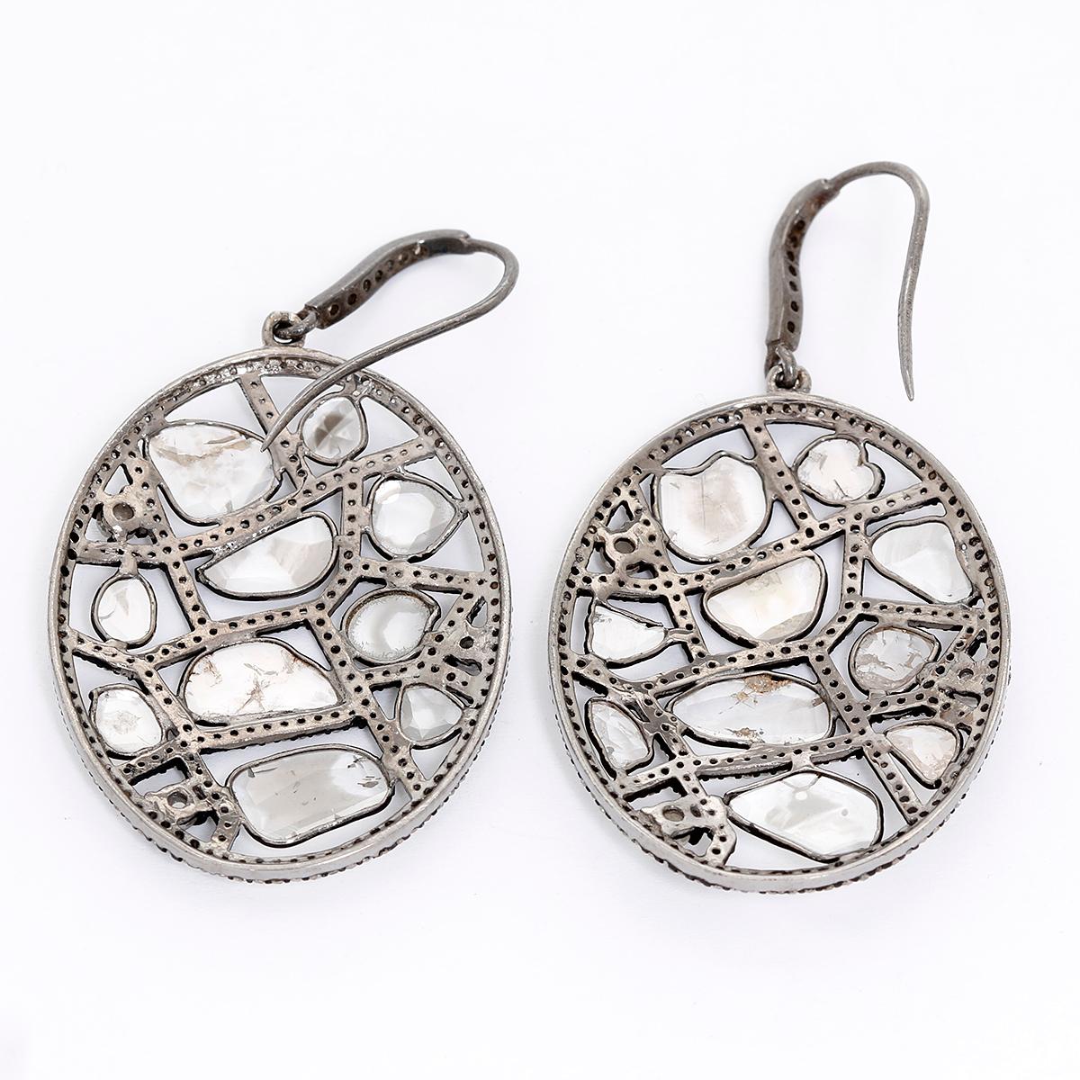 Oval Sliced Diamond Dangle Stainless Steel Earrings In Excellent Condition In Dallas, TX