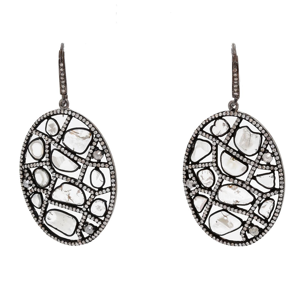 Women's Oval Sliced Diamond Dangle Stainless Steel Earrings