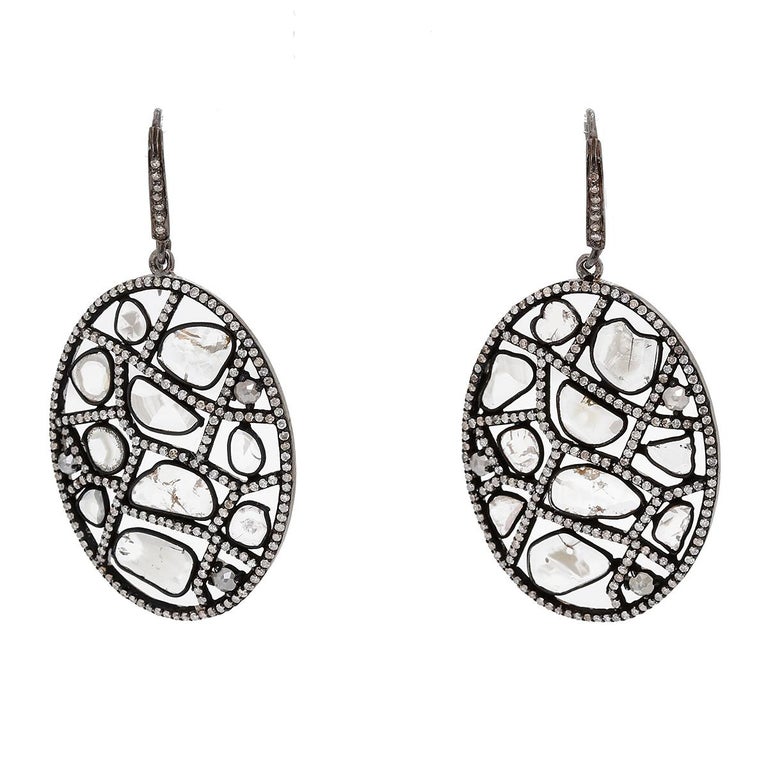 Oval Sliced Diamond Dangle Stainless Steel Earrings at 1stDibs