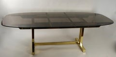 Oval Smoked Glass and Brass Dining Table