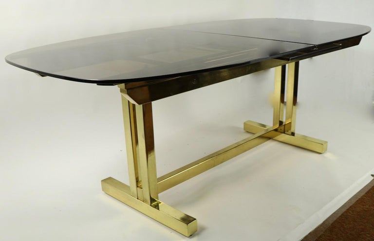 20th Century Oval Smoked Glass and Brass Dining Table For Sale