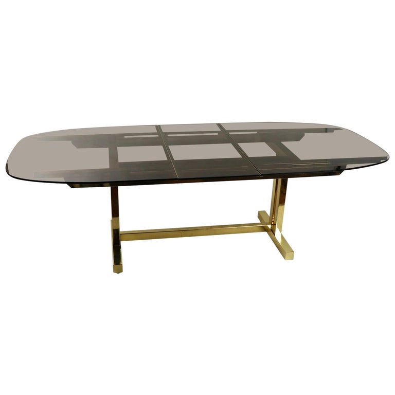 Oval Smoked Glass and Brass Dining Table For Sale