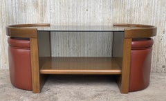 Oval Smoked Glass and Wood Coffee Table with Two Nesting Stools, 1970s