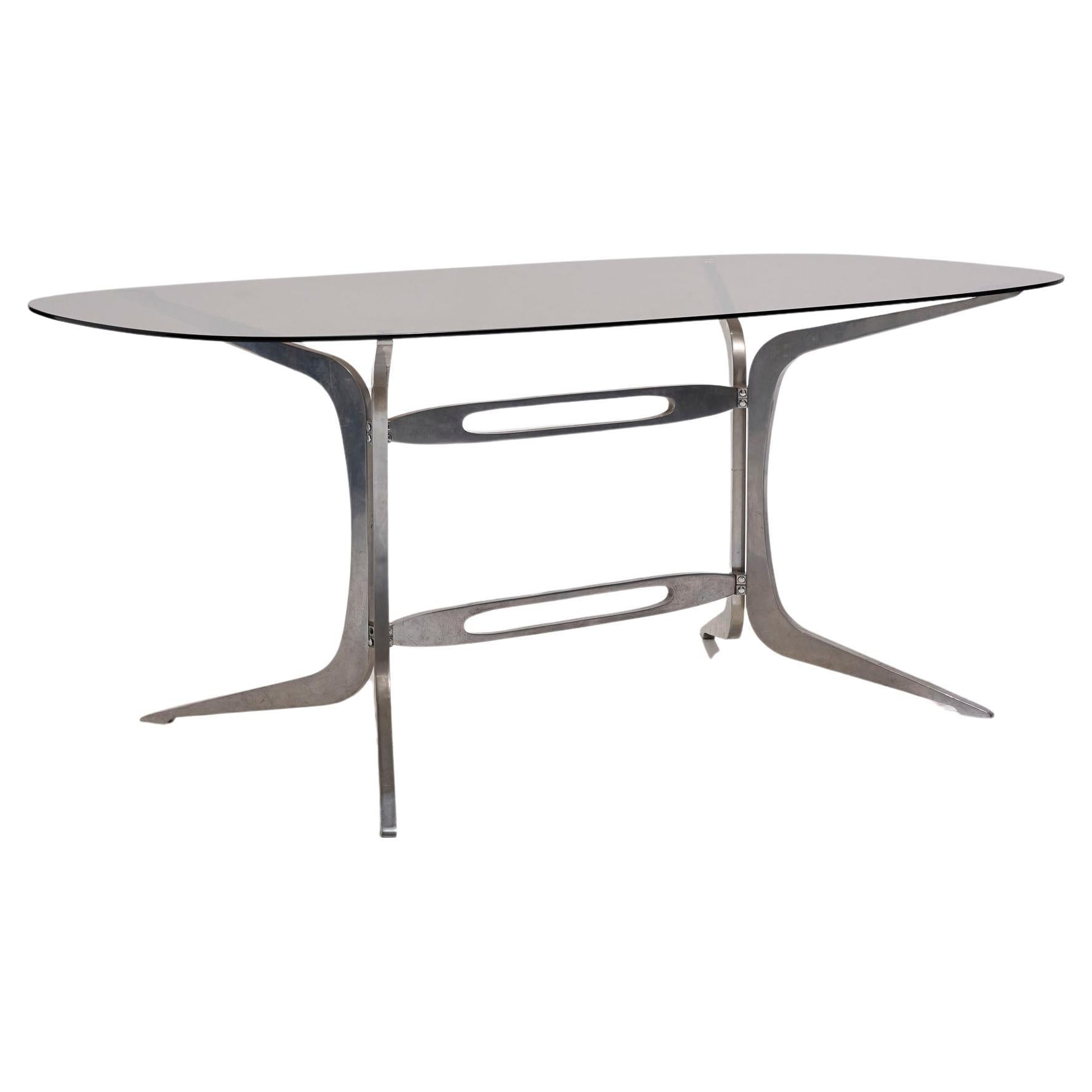 Oval smoked glass table by Pierre Pichard, 1970s For Sale