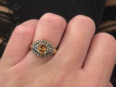 Oval Smokey Topaz and Chocolate Diamond Cluster Halo Ring 14K Yellow Gold
