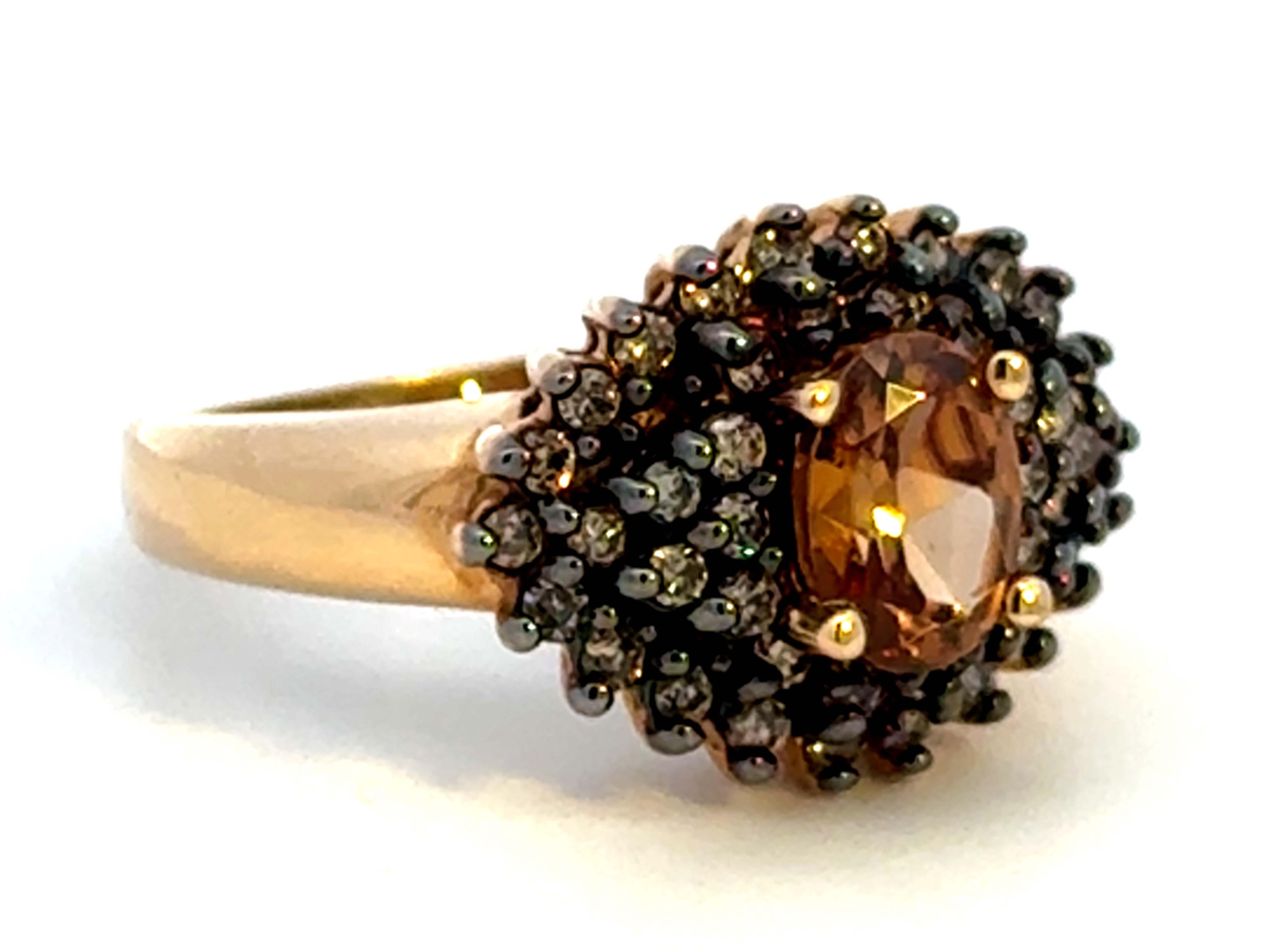 Modern Oval Smokey Topaz and Chocolate Diamond Cluster Halo Ring 14K Yellow Gold For Sale