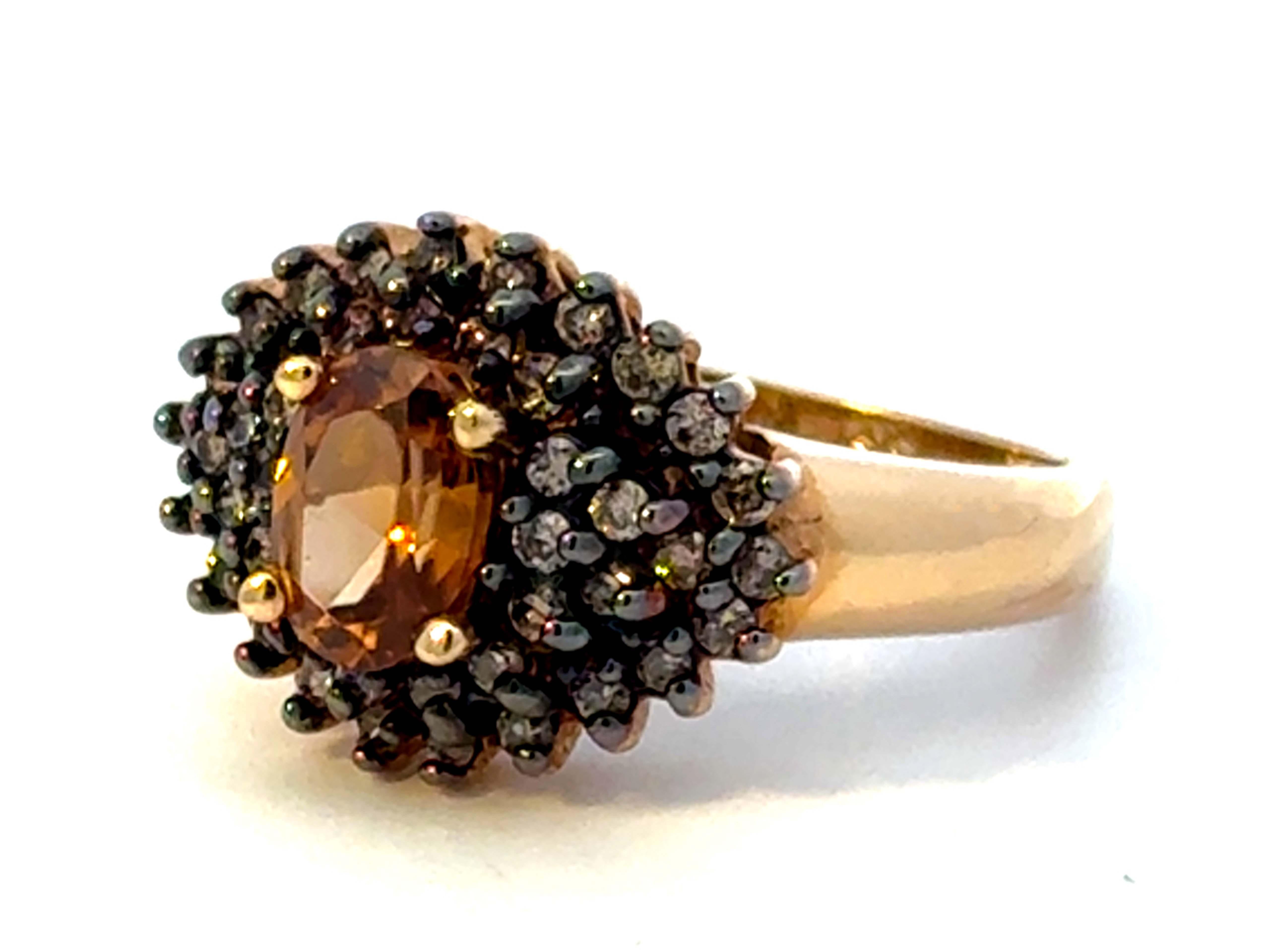 Oval Cut Oval Smokey Topaz and Chocolate Diamond Cluster Halo Ring 14K Yellow Gold For Sale