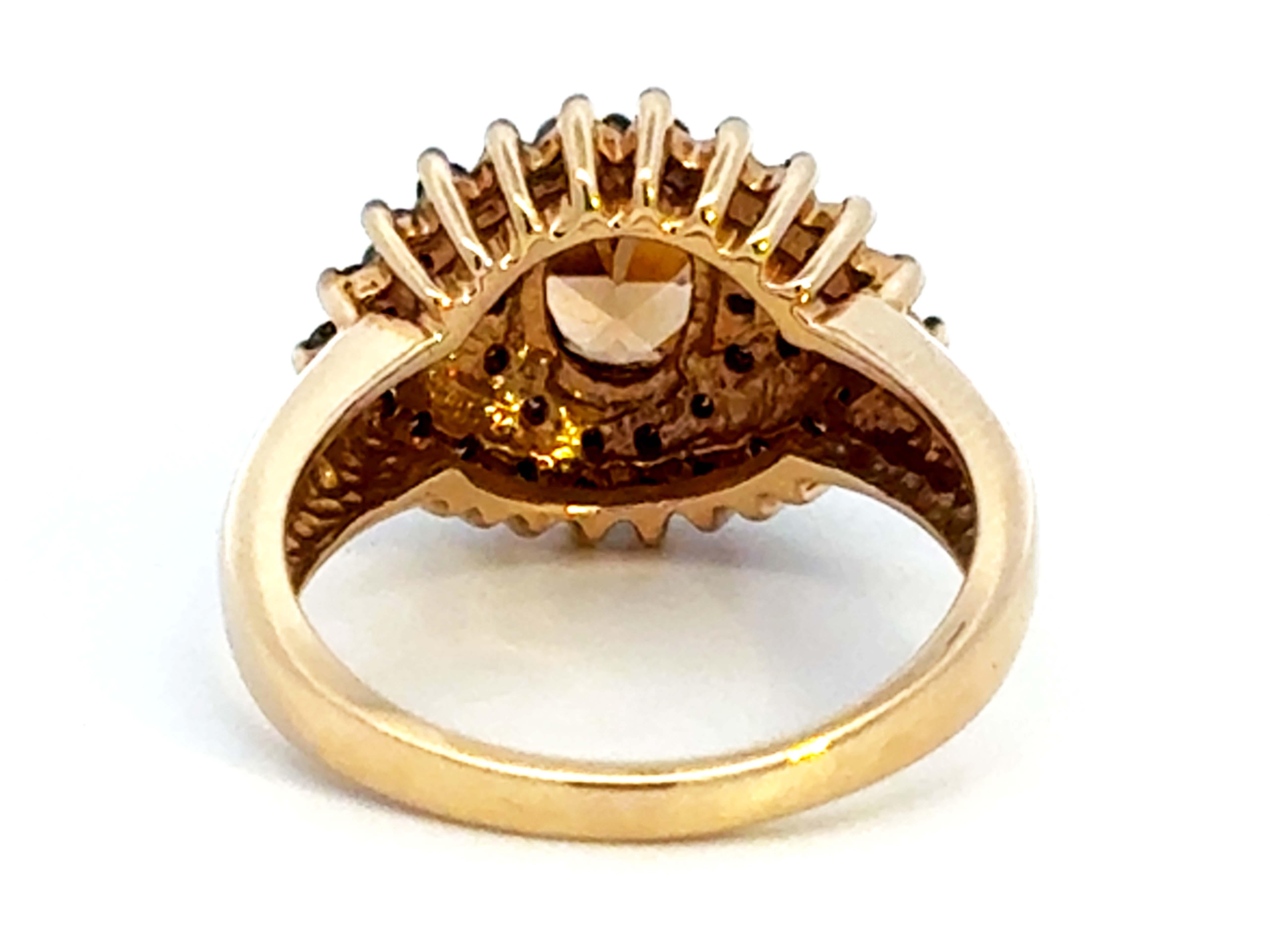 Oval Smokey Topaz and Chocolate Diamond Cluster Halo Ring 14K Yellow Gold For Sale 1