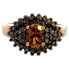 Oval Smokey Topaz and Chocolate Diamond Cluster Halo Ring 14K Yellow Gold
