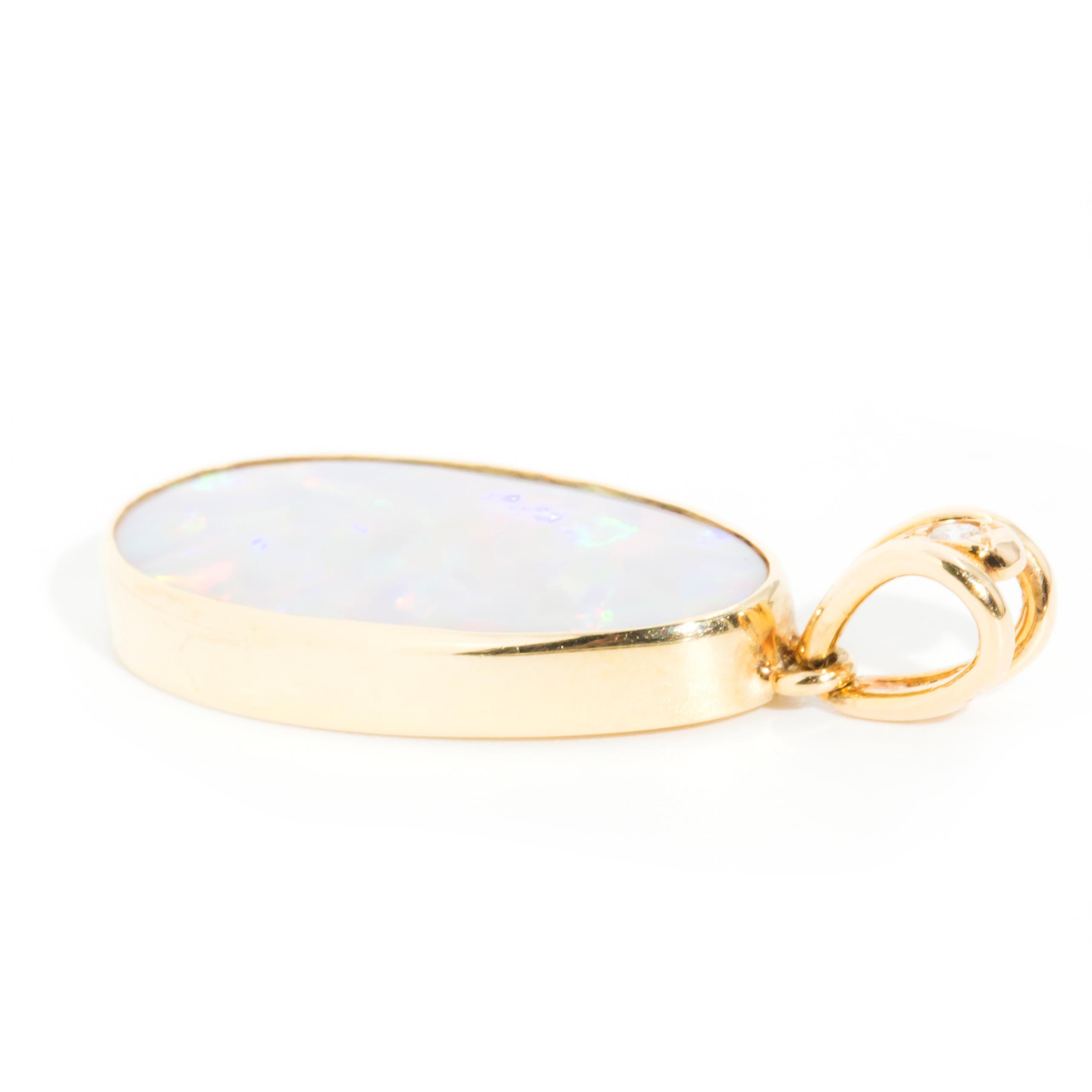 Oval Solid Australian Opal Round Diamond Vintage Pendant 18 Carat Yellow Gold 4