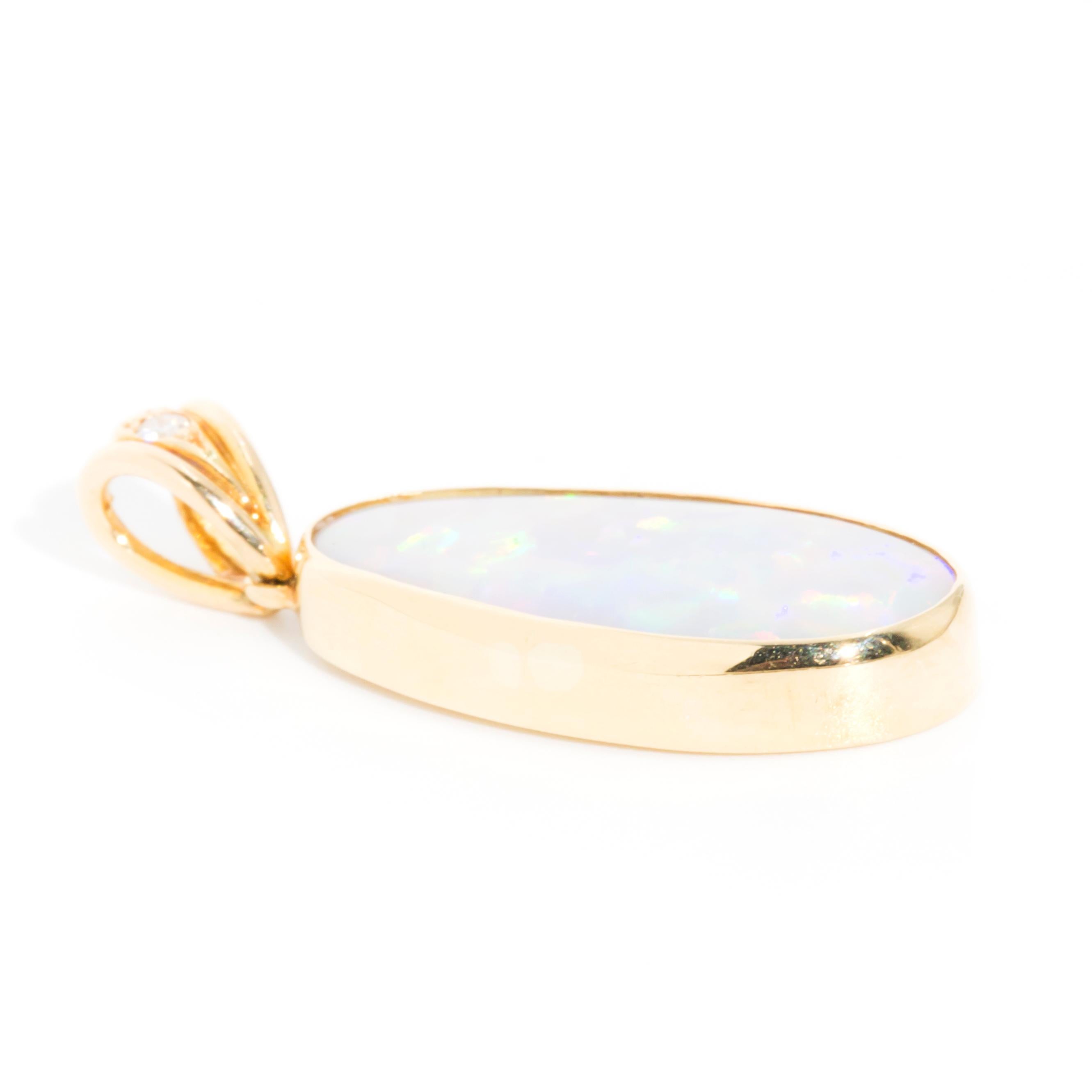 Oval Solid Australian Opal Round Diamond Vintage Pendant 18 Carat Yellow Gold 2