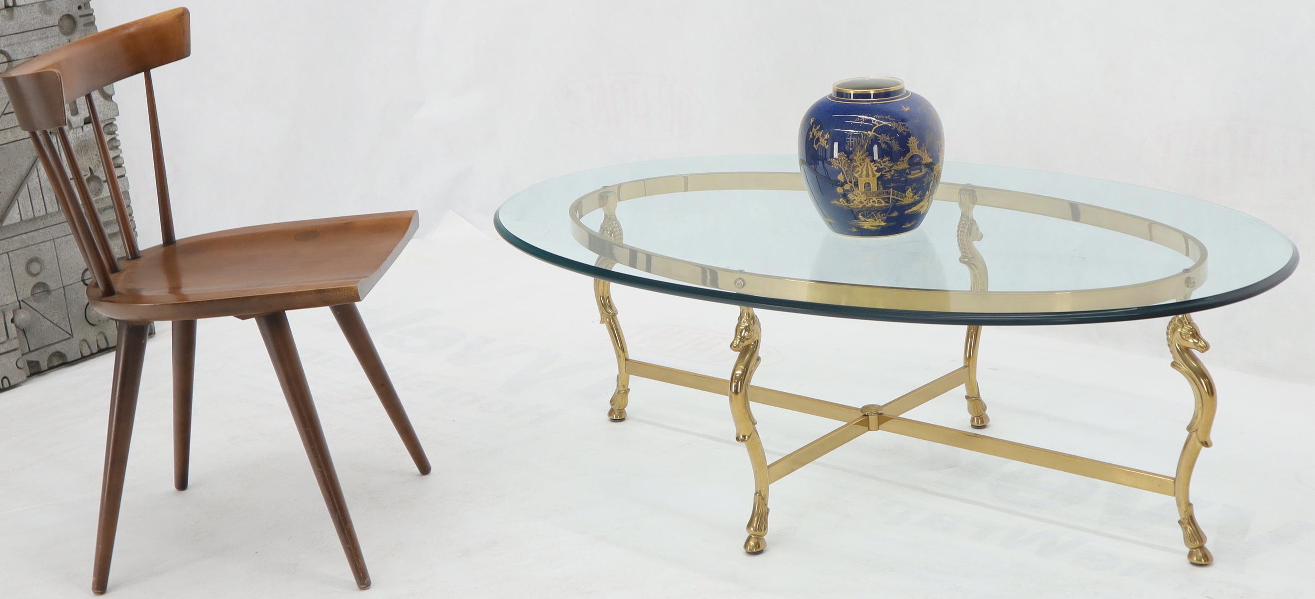20th Century Oval Solid Brass Hoof Feet Horse Heads Base Glass Top Coffee Table
