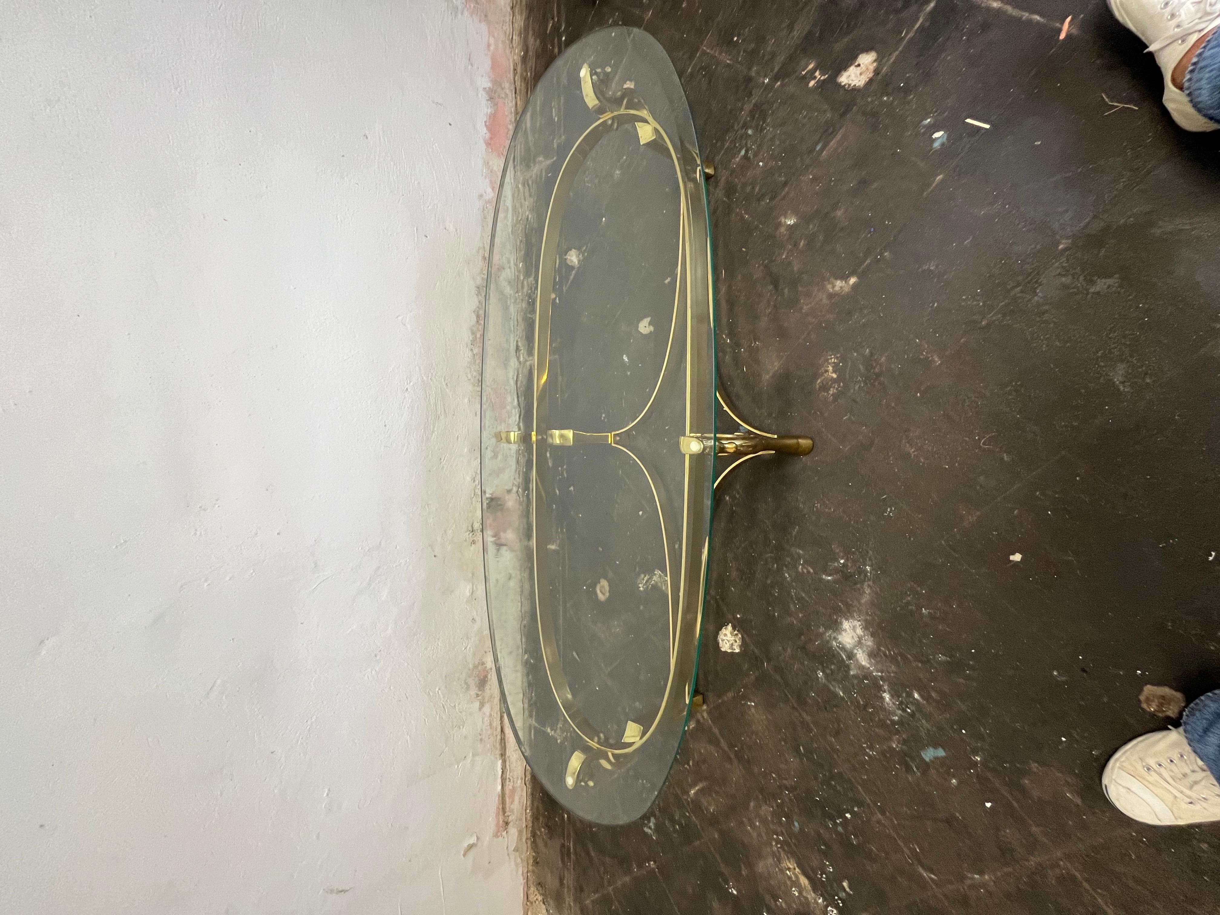 Unknown Oval Solid Brass Hoof Feet Horse Heads Base Glass Top Coffee Table