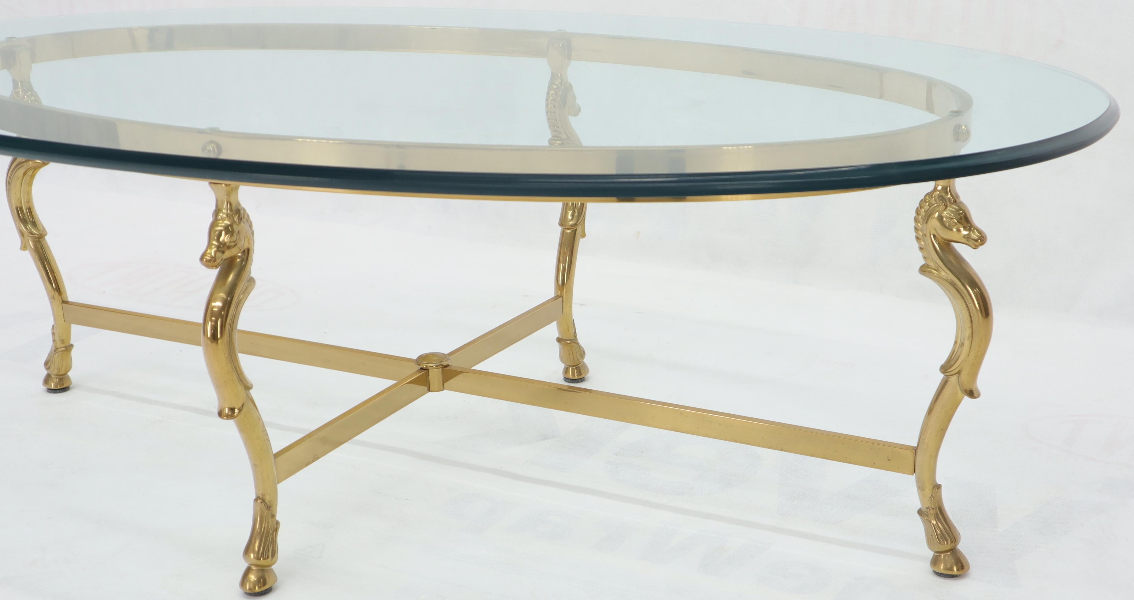 Italian Oval Solid Brass Hoof Feet Horse Heads Base Glass Top Coffee Table