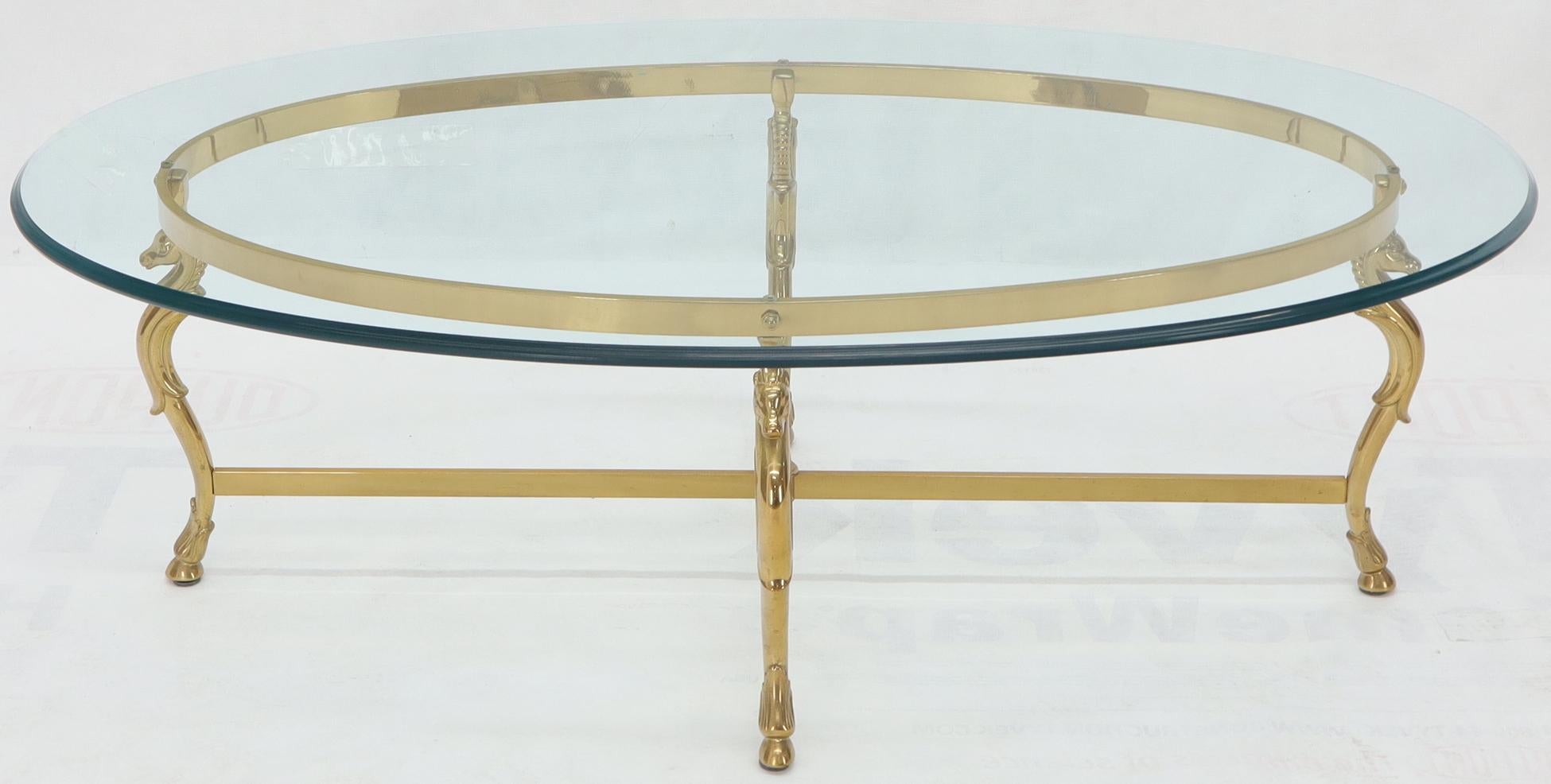 Polished Oval Solid Brass Hoof Feet Horse Heads Base Glass Top Coffee Table