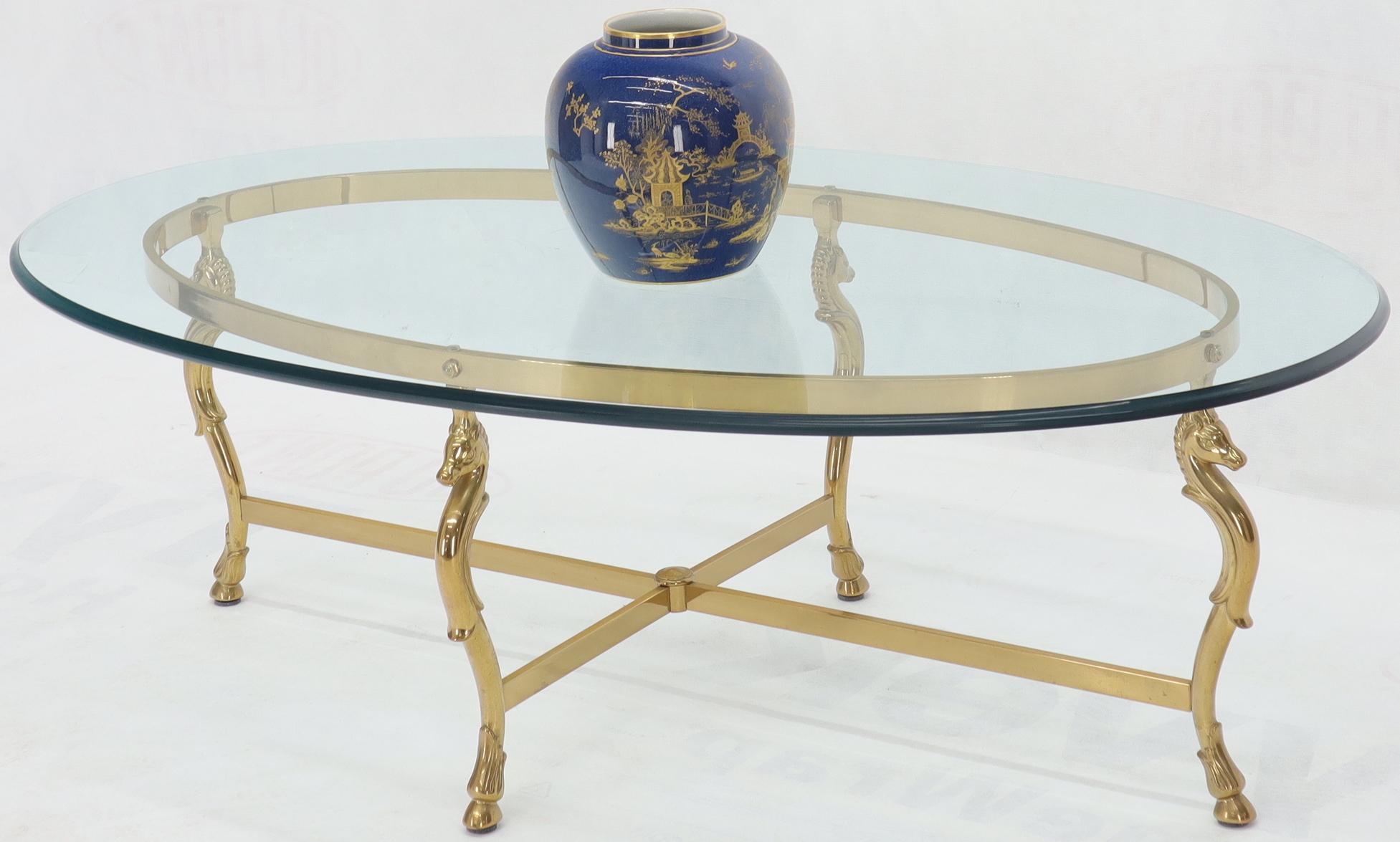 Oval Solid Brass Hoof Feet Horse Heads Base Glass Top Coffee Table In Good Condition In Rockaway, NJ