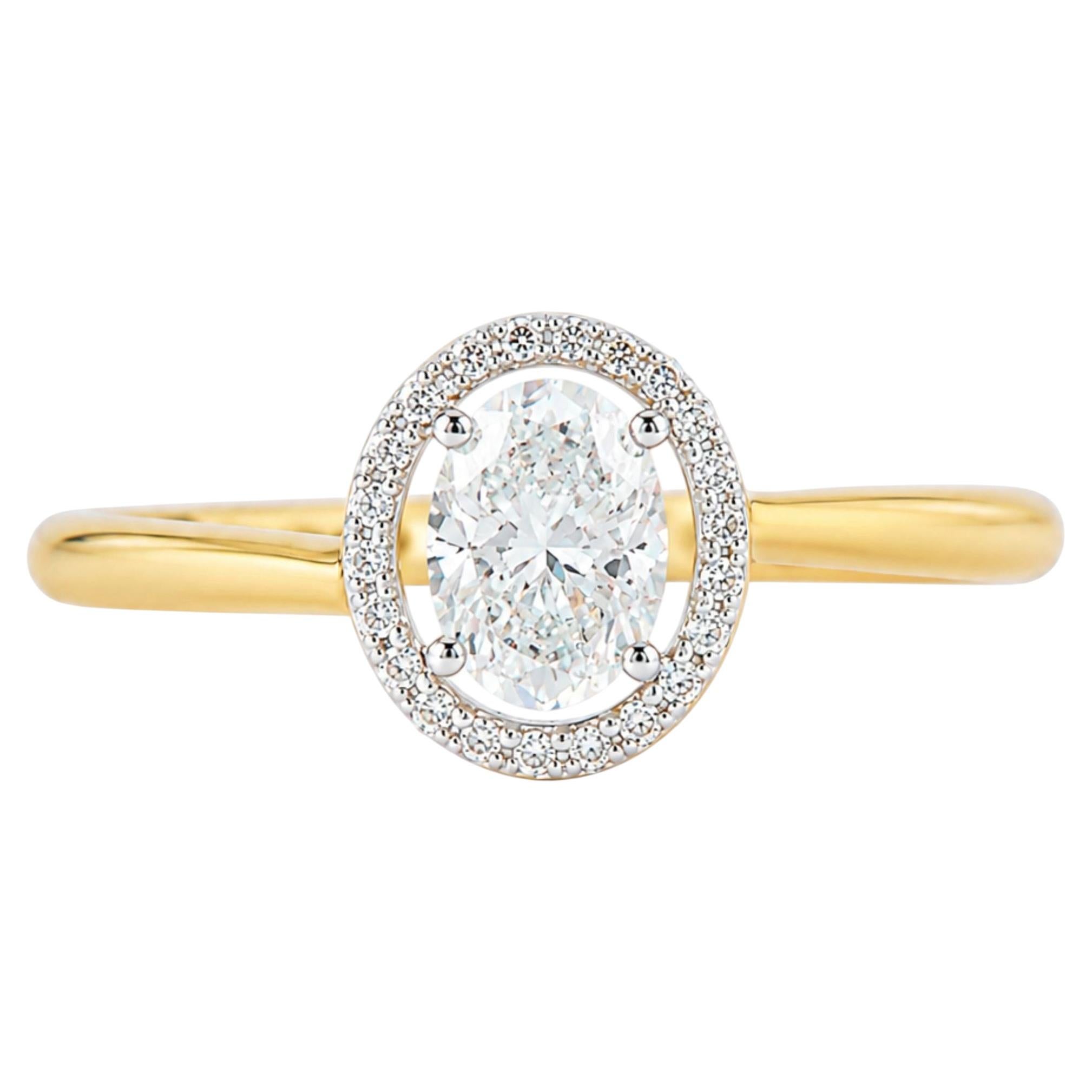 Oval Solitaire Halo Natural Diamond Ring in 14k Solid Gold (Certified) For Sale
