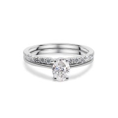 Oval Solitaire Natural Diamond Engagement Stackable Band Ring 18K White Gold