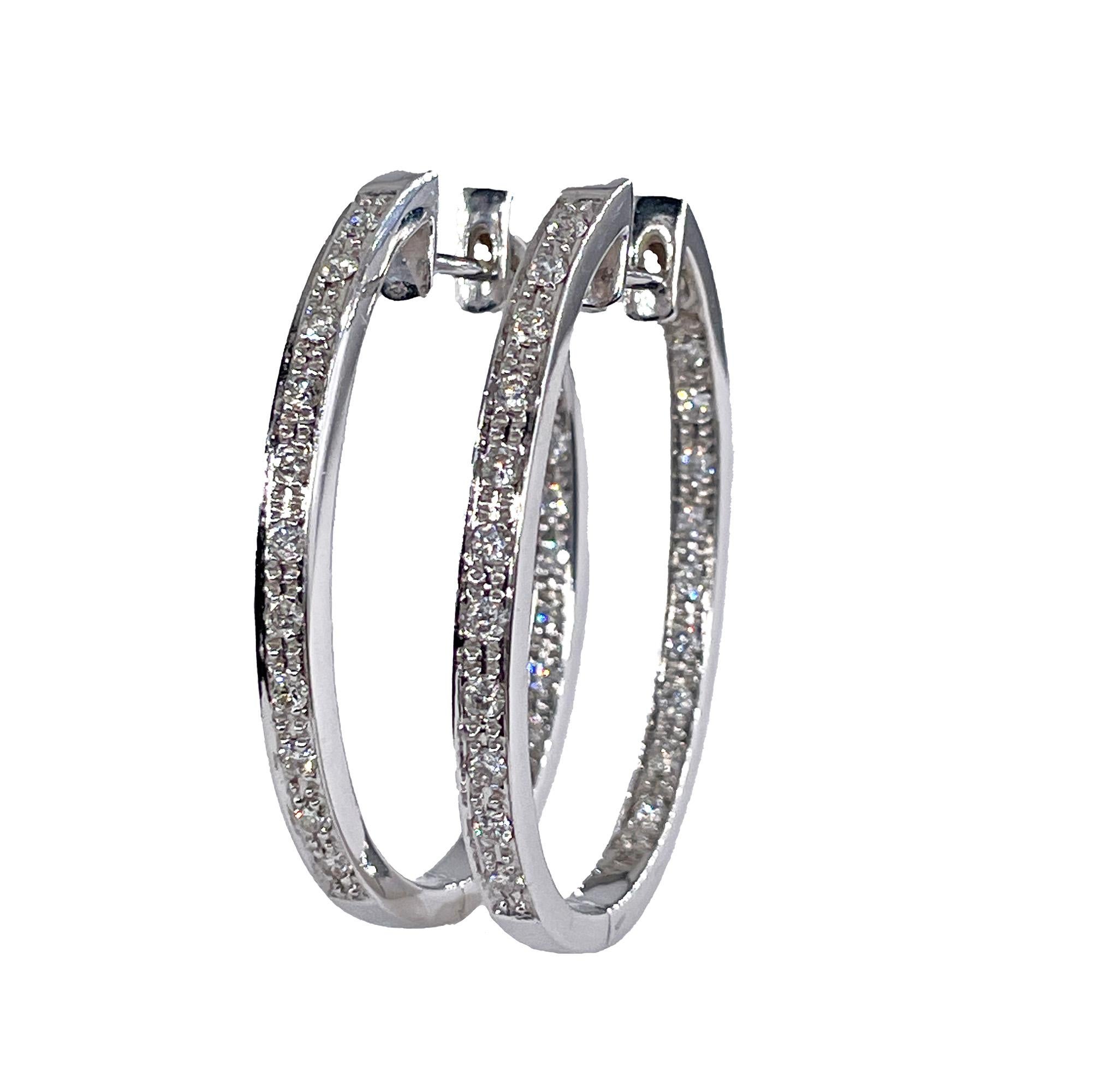 Oval Sonia B Bitton 1.1ct Diamond Inside Out 14k White Gold Hoop Estate Earrings In Good Condition For Sale In New York, NY