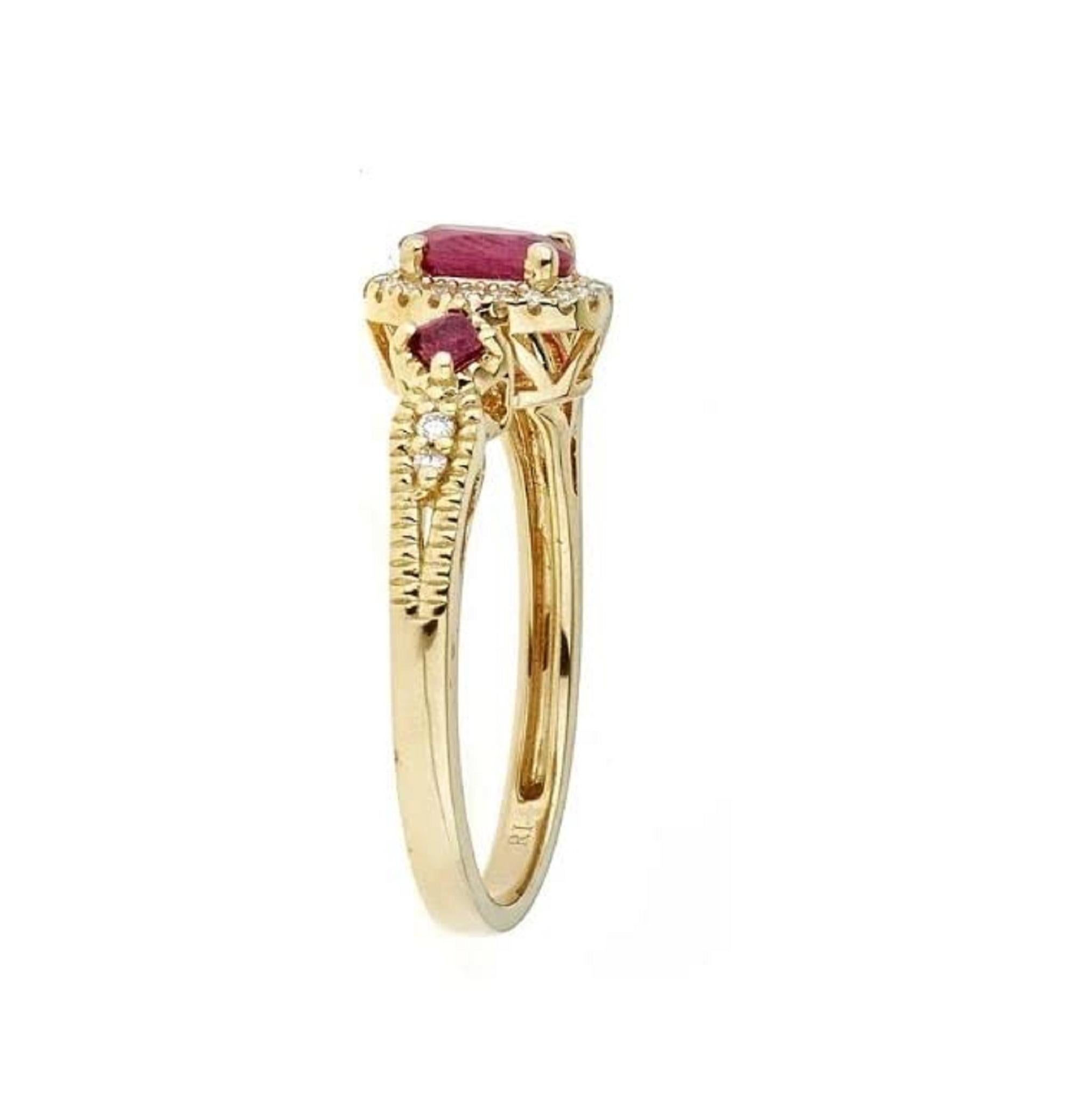 Decorate yourself in elegance with this Ring is crafted from 14-karat Yellow Gold by Gin & Grace. This Ring is made up of 6x4 mm Oval-Cut (1 pcs) 0.56 carat, 2.0 mm Square-cut (2pcs) 0.12 carat Ruby and Round-cut White Diamond (24 Pcs) 0.10 Carat.