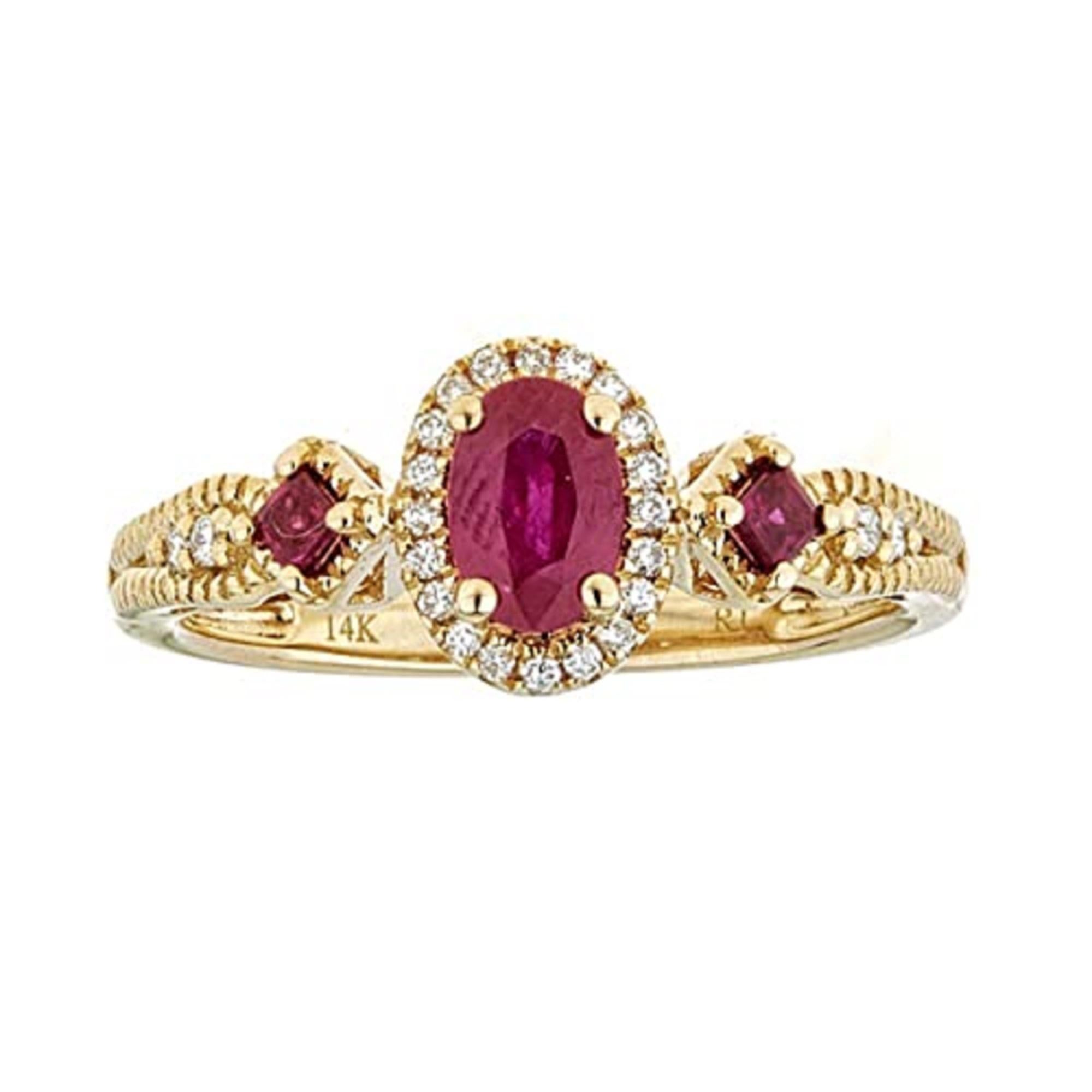 Oval Cut Oval, Square-cut Ruby Diamond accents 14K Yellow Gold Ring For Sale