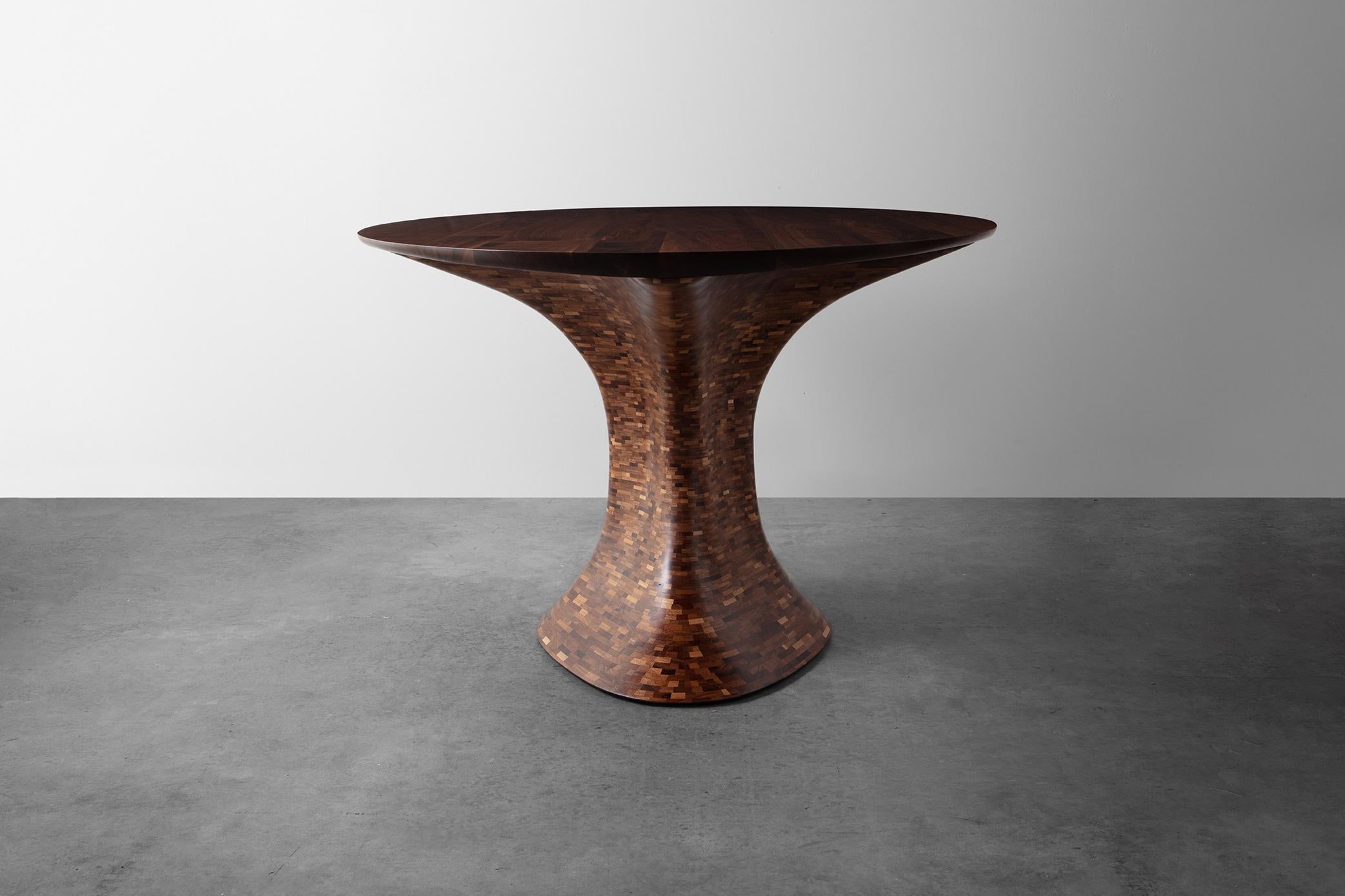 Hand-Crafted Custom STACKED and PATCHED Table by Richard Haining, shown in Walnut and Oval For Sale