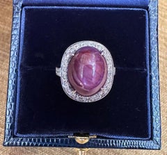 Oval Star Ruby 17.83 carat and Diamond Halo Ring in 18k White Gold